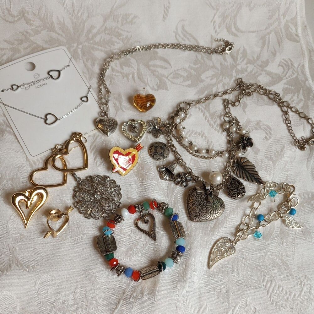 Vintage heart themed Mixed Jewelry Lot of 12 Pieces rhinestone flower boho
